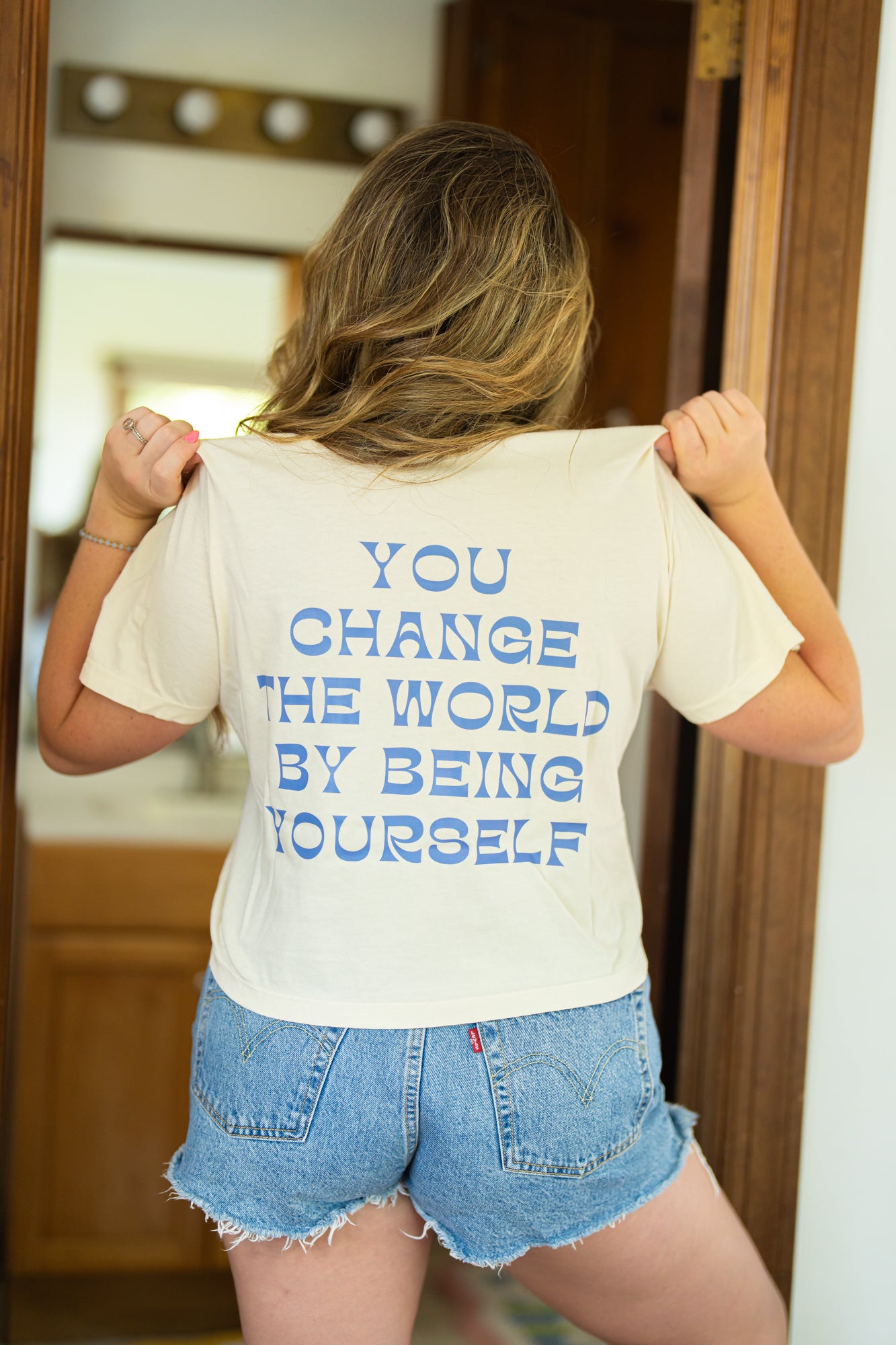 You Change the World by Being Yourself (Front, Back) - Cropped Tee (Vintage Natural)