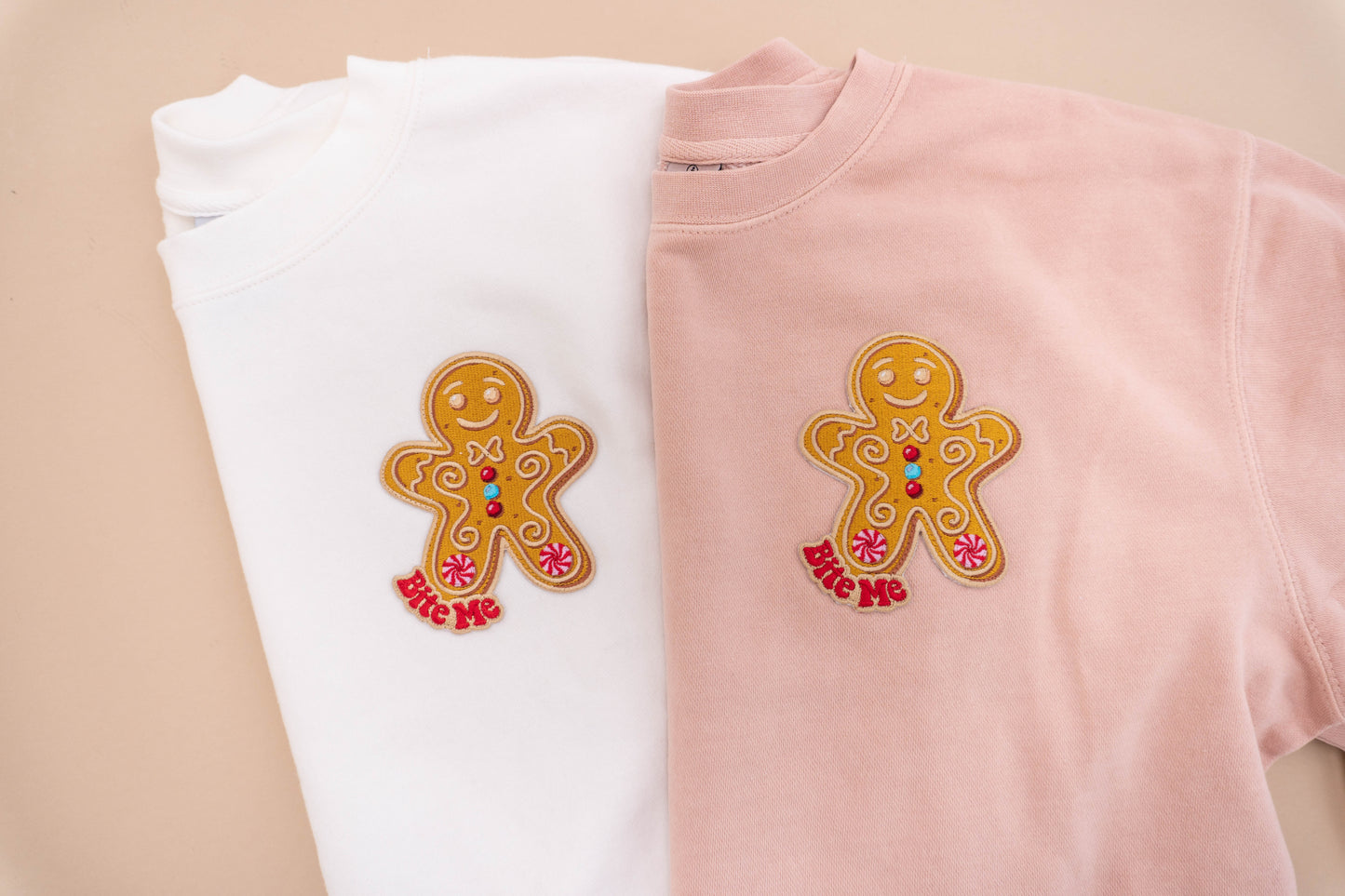 Bite Me Gingerbread Man - Embroidered Sweatshirt (Dusty Peach)