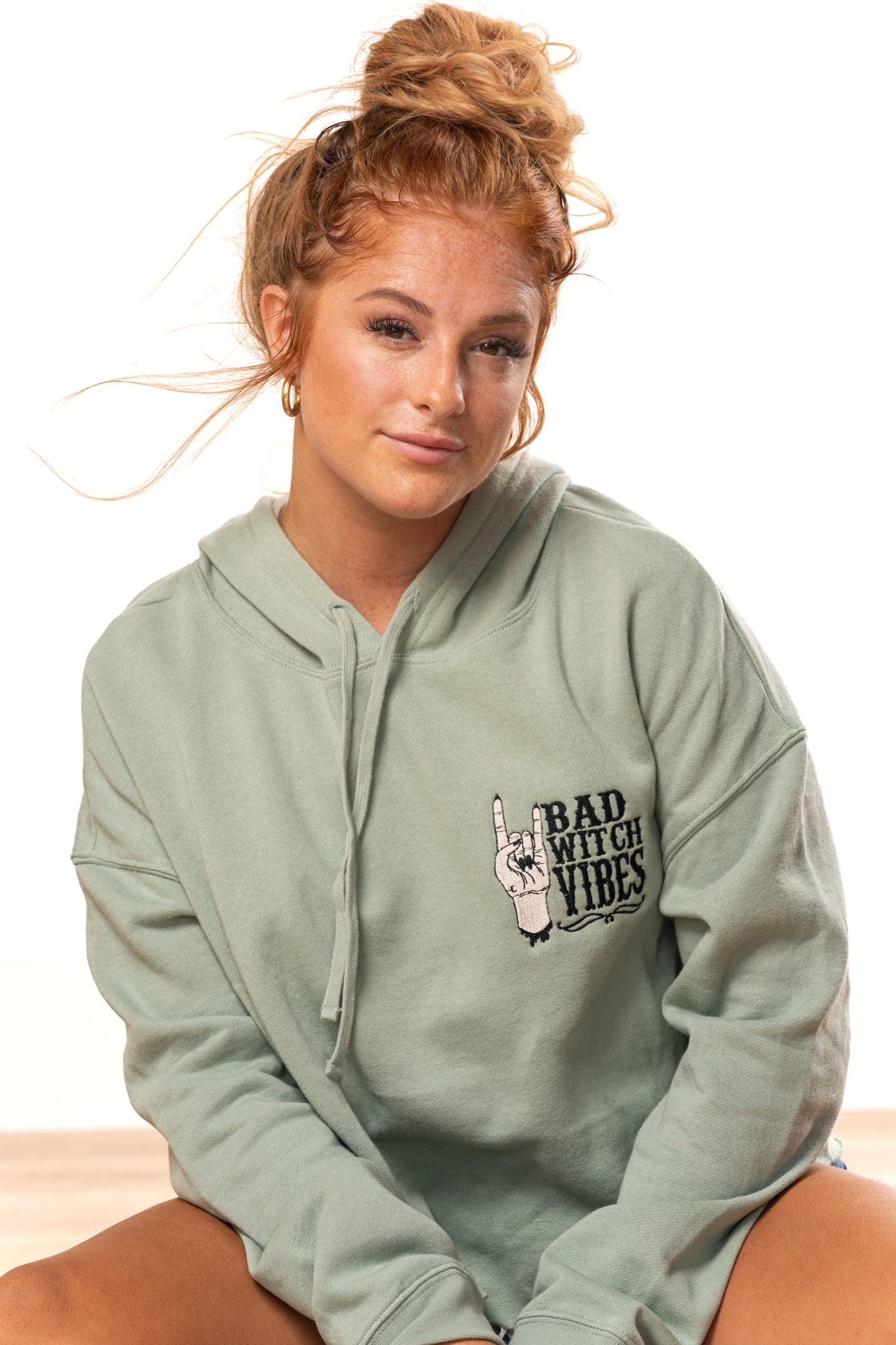 Bad Witch Vibes - Embroidered Cropped Hoodie (Sage)