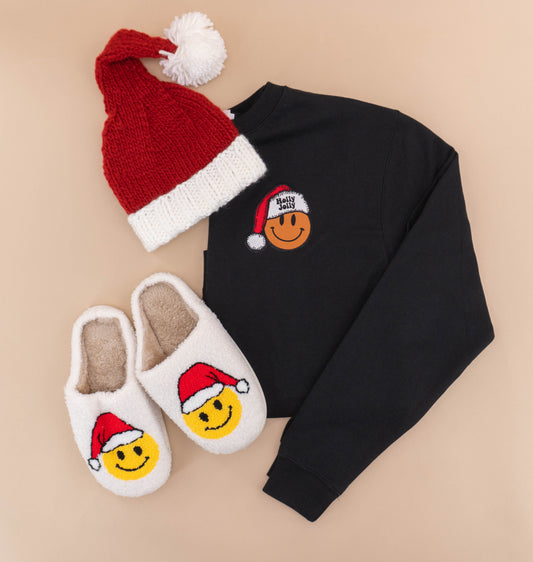 Holly Jolly Smiley - Embroidered Sweatshirt (Black)