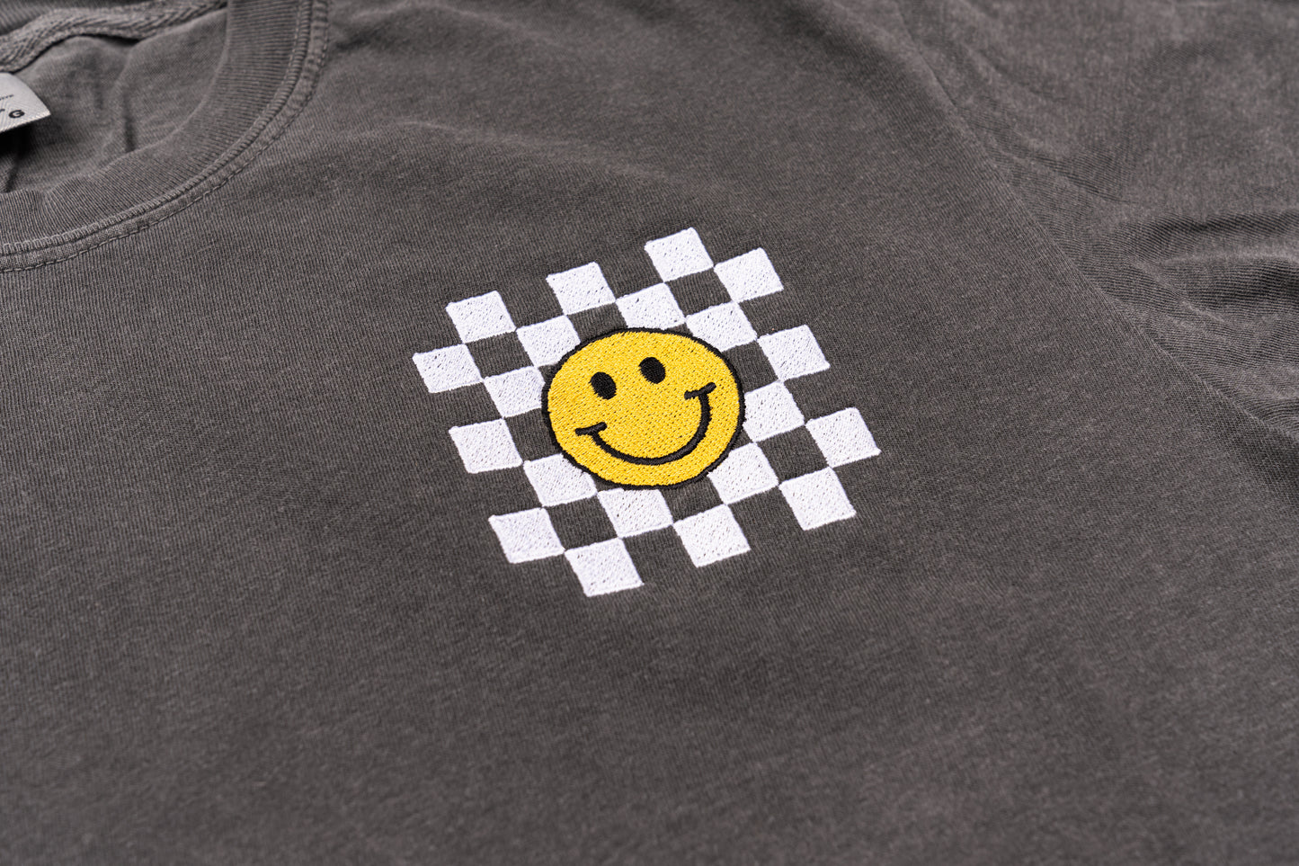 Old School Checkered Smiley - Embroidered Tee (Smoke)