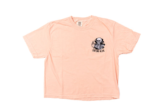 Staying Alive - Embroidered Cropped Tee (Peach)
