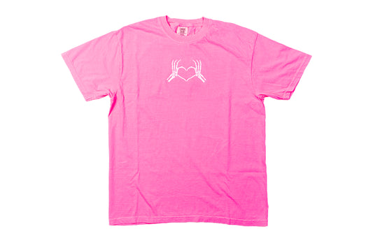 Skeleton Heart Hands - Embroidered Tee (Neon Pink)