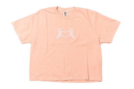 Skeleton Heart Hands - Embroidered Cropped Tee (Peach)