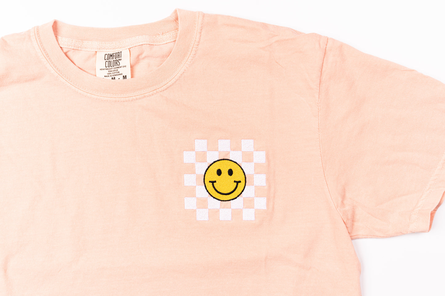 Old School Checkered Smiley - Embroidered Cropped Tee (Peach)
