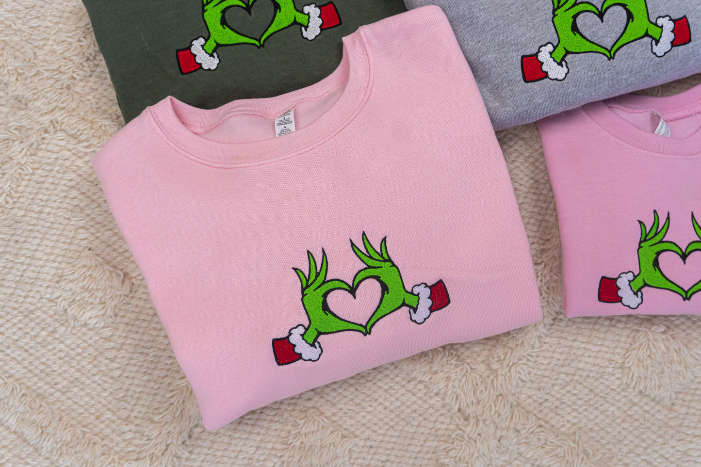 Christmas Heart Hands - Embroidered Sweatshirt (Light Pink)