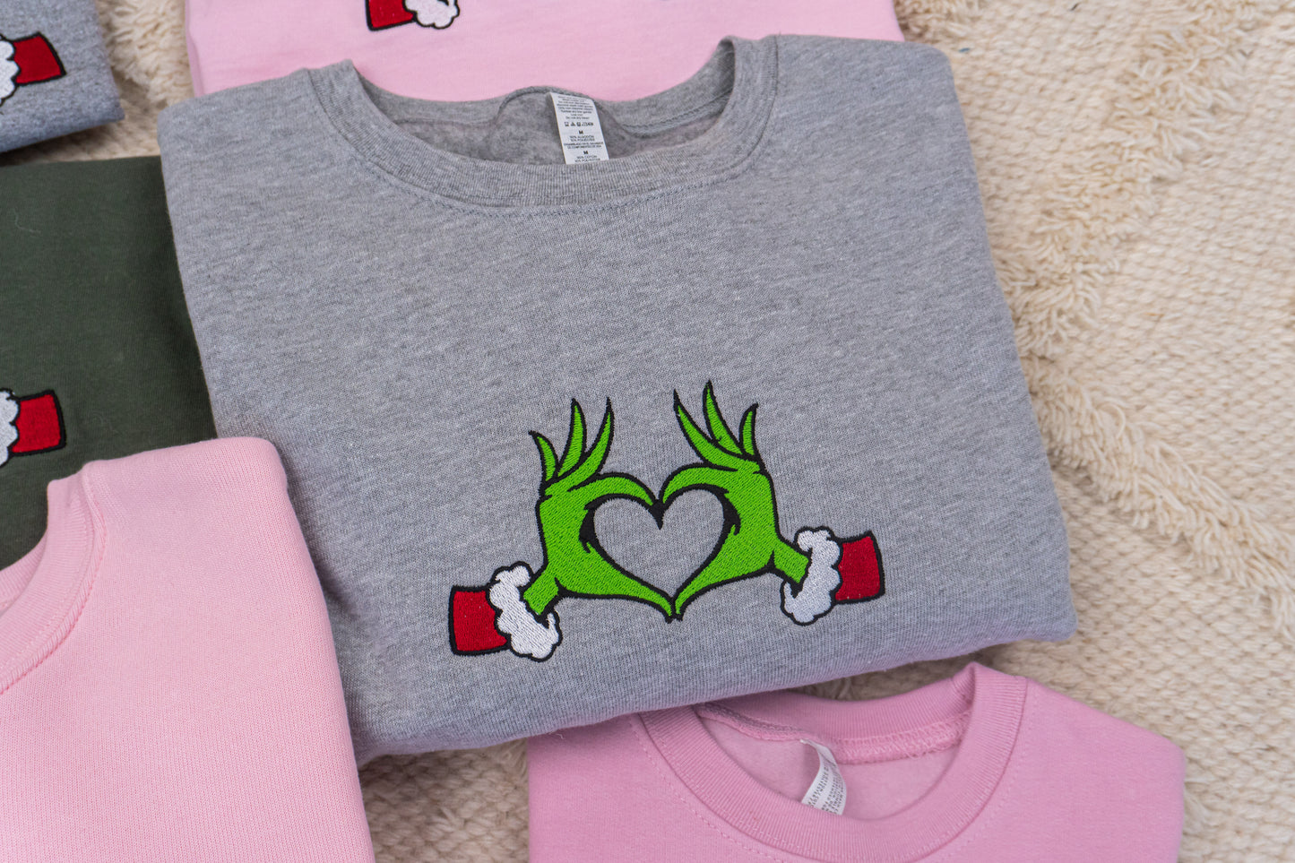 Christmas Heart Hands - Embroidered Sweatshirt (Heather Gray)