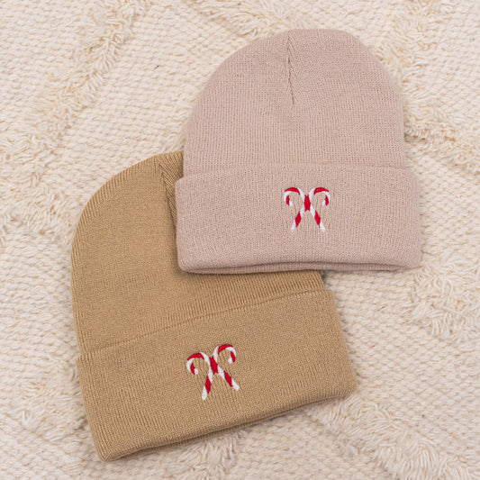 Candy Canes - Embroidered Beanie (Tan)