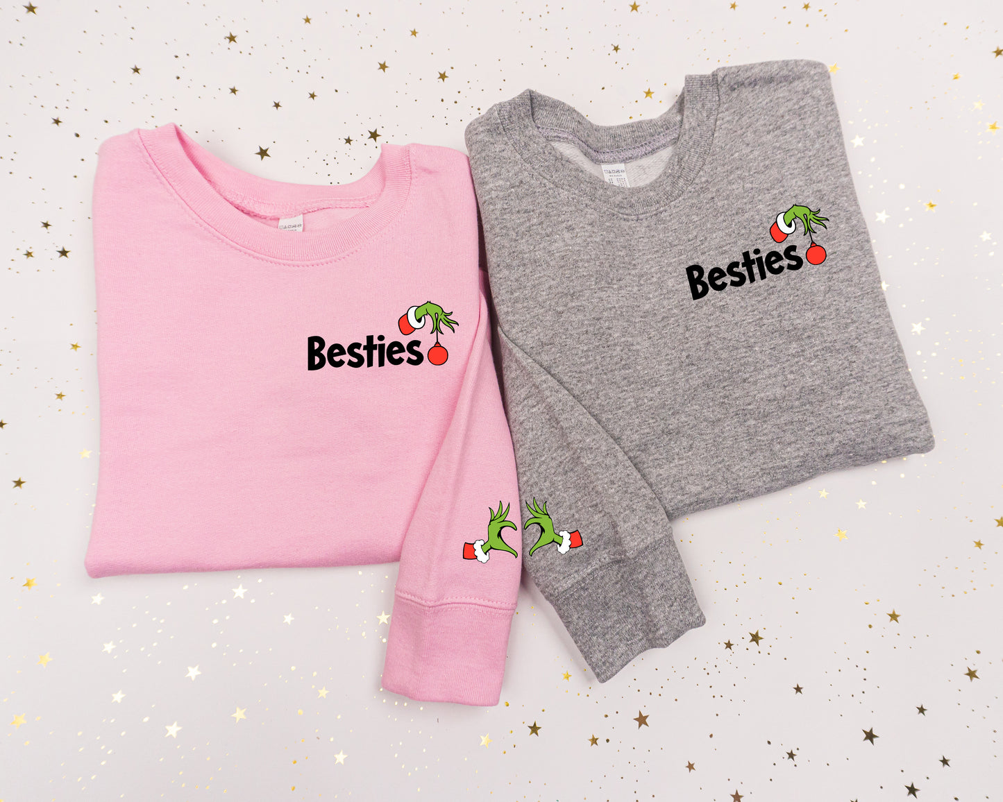 Christmas Besties Half Heart (Pocket, Left Sleeve) - Kids Sweatshirt (Heather Gray)