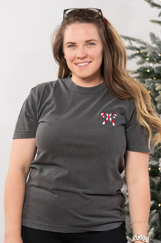 Candy Canes (Pocket) - Embroidered Tee (Smoke)