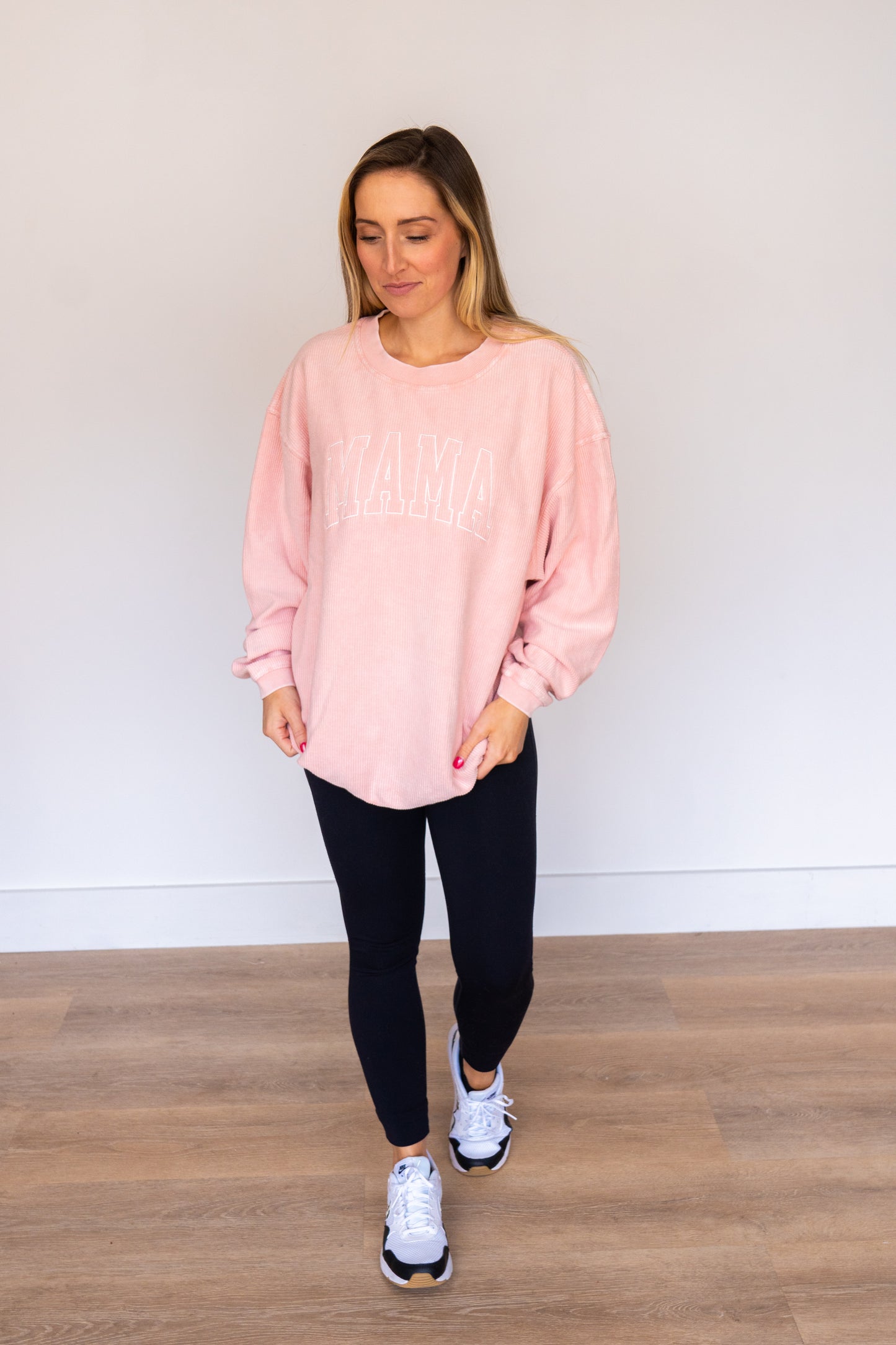 Mama (Varsity, Creme) - Embroidered Corded Sweatshirt (Pink)