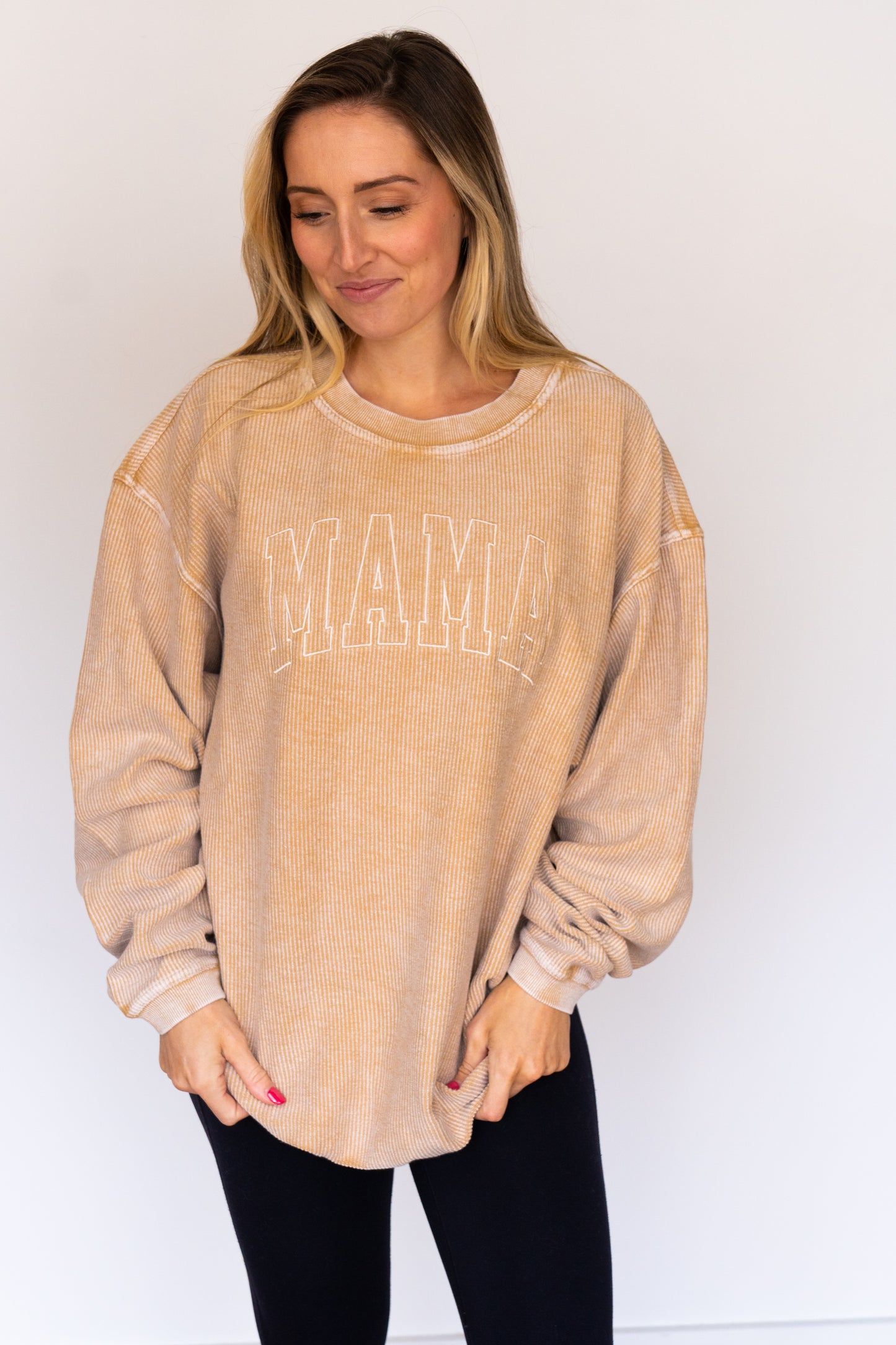 Mama (Varsity, Natural) - Embroidered Corded Sweatshirt (Latte)