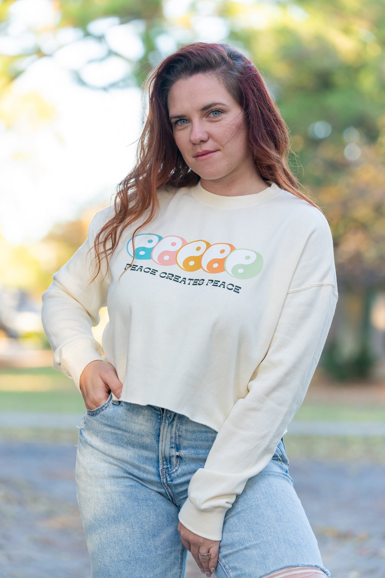 Peace Creates Peace (Multi Color Yin Yang) - Cropped Sweatshirt (Natural)