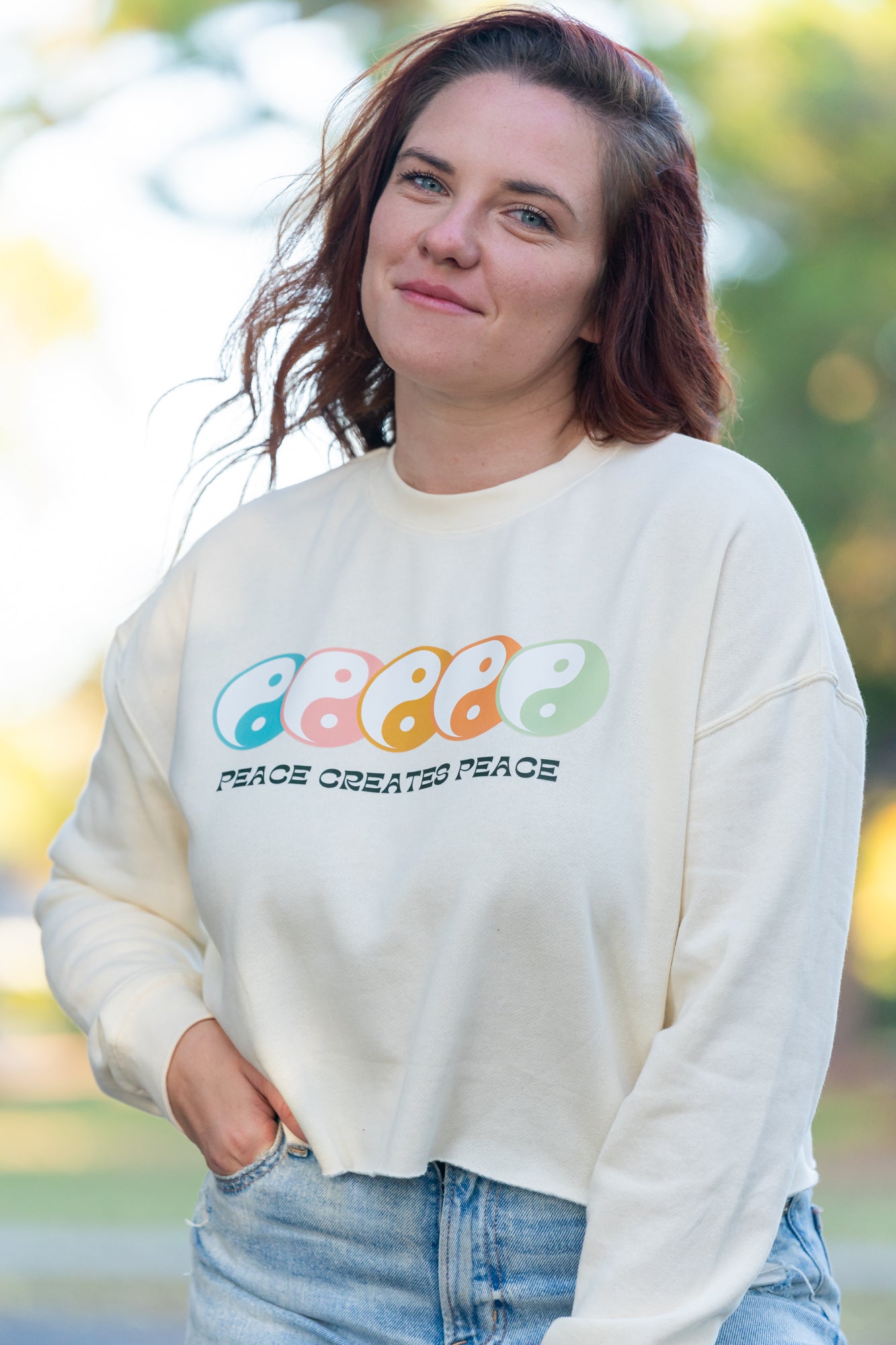 Peace Creates Peace (Multi Color Yin Yang) - Cropped Sweatshirt (Natural)