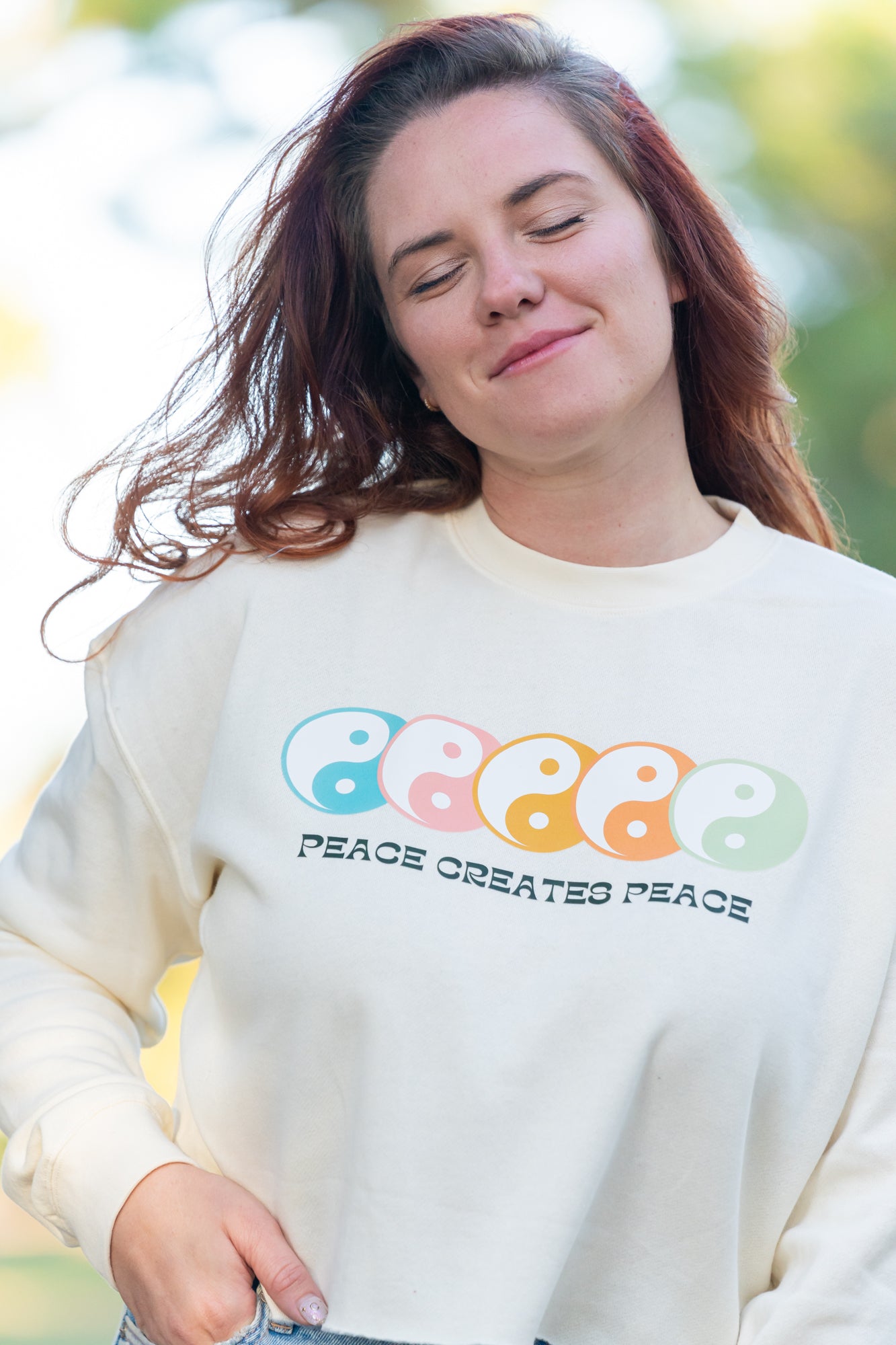 Peace Creates Peace (Multi Color Yin Yang) - Cropped Sweatshirt (Natural)