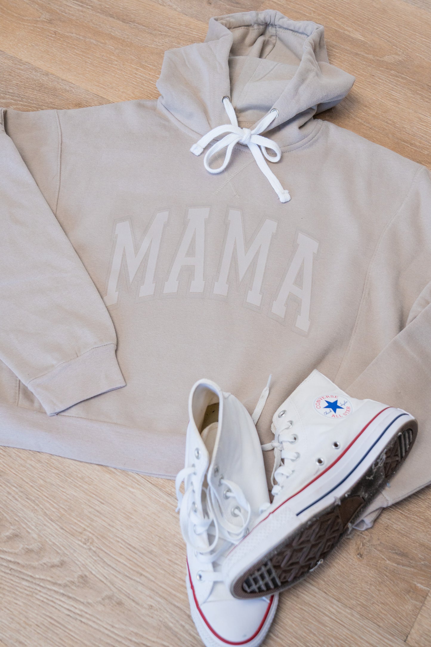 Mama Subtle Varsity - Boxy Cropped Hoodie (Tan)