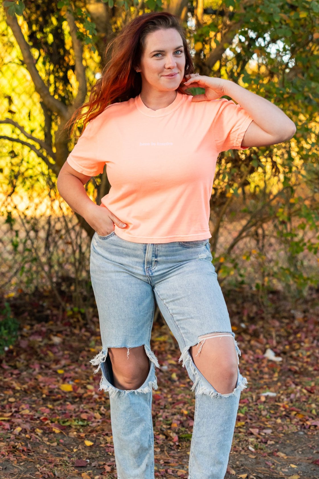 Here To Inspire - Embroidered Cropped Tee (Electric Apricot)