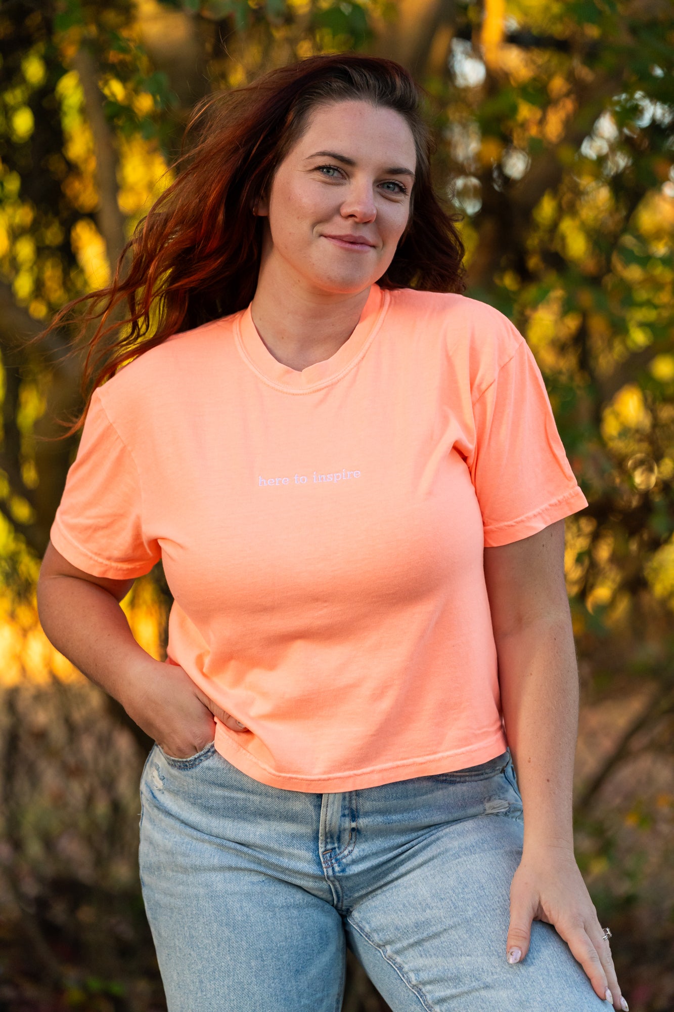 Here To Inspire - Embroidered Cropped Tee (Electric Apricot)