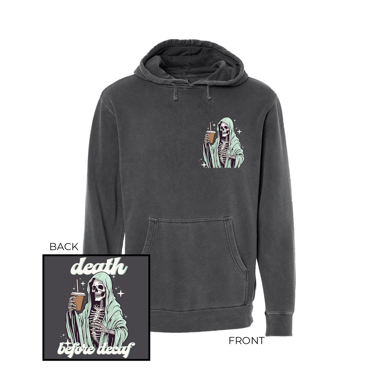 Death Before Decaf (Pocket & Back) - Hoodie (Charcoal)