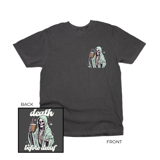 Death Before Decaf (Front & Back) - Tee (Smoke)