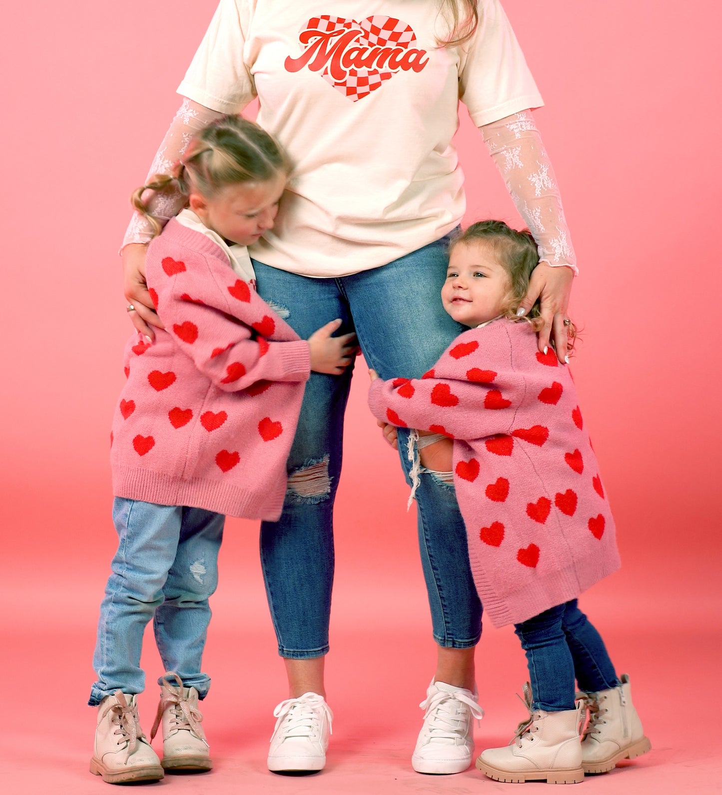 Mama Checkered Heart (Pink/Red) - Tee (Vintage Natural, Short Sleeve)