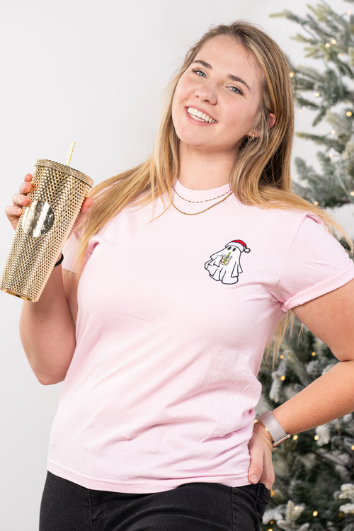 Christmas Iced Coffee Ghoul (Pocket) - Embroidered Tee (Pale Pink)