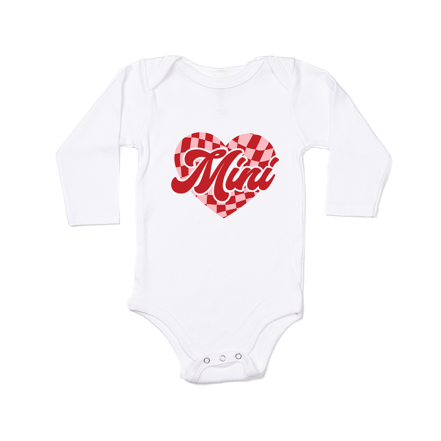 Mini Checkered Heart (Pink/Red) - Bodysuit (White, Long Sleeve)