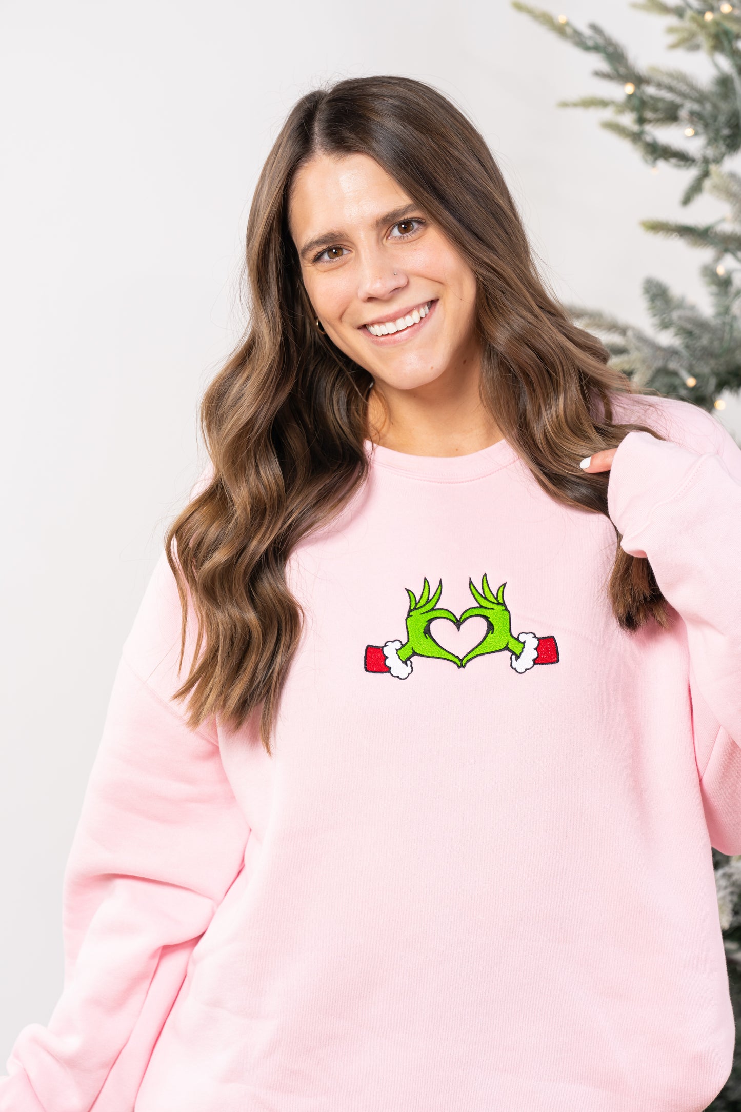 Christmas Heart Hands - Embroidered Sweatshirt (Light Pink)