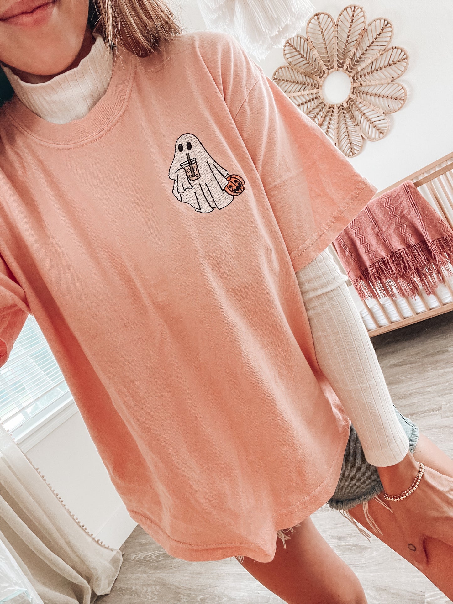 Iced Coffee Ghoul (Pocket) - Embroidered Cropped Tee (Peach)