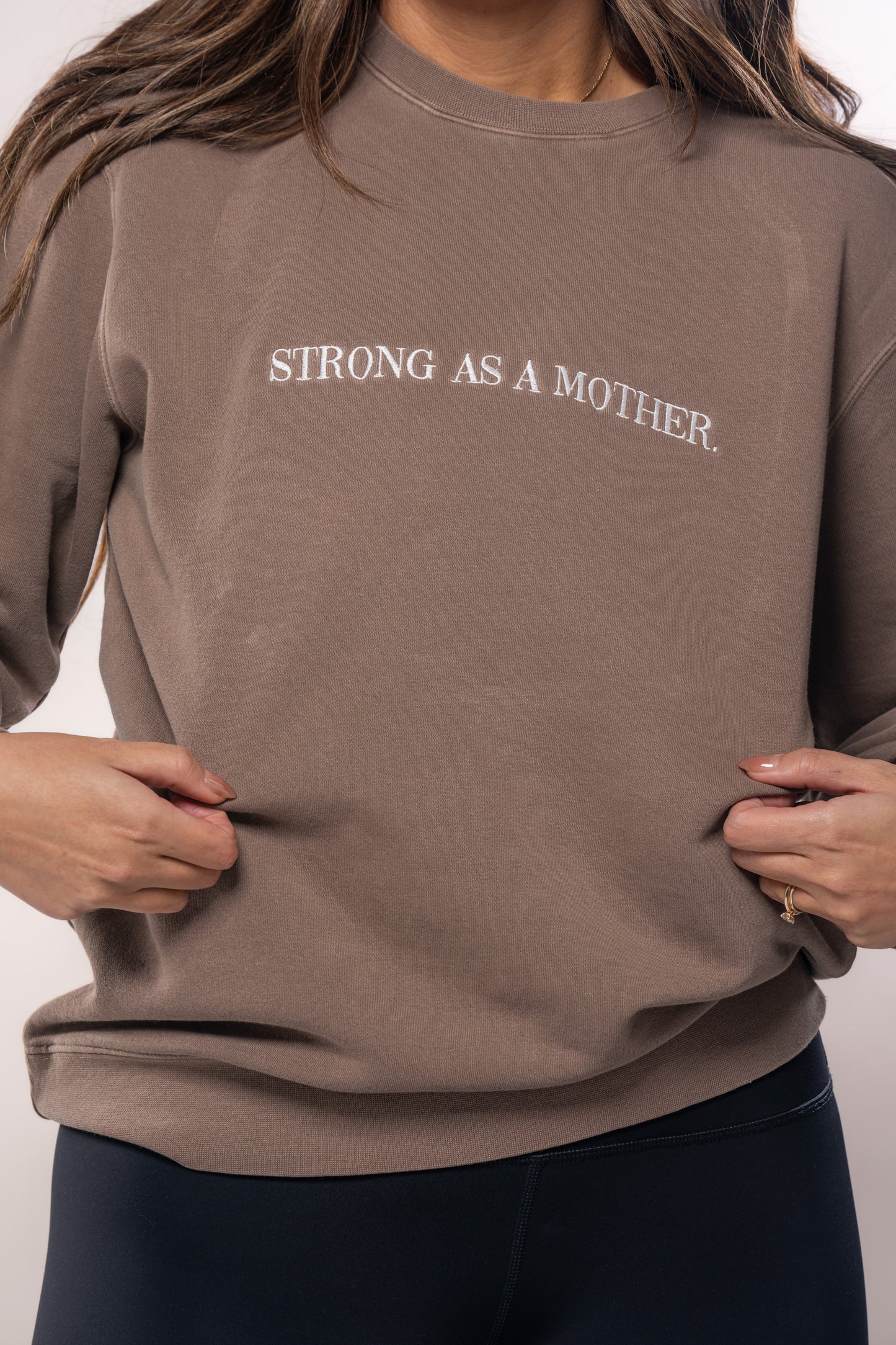 Strong as a Mother (Front, Sleeve) - Embroidered Sweatshirt (Cocoa)