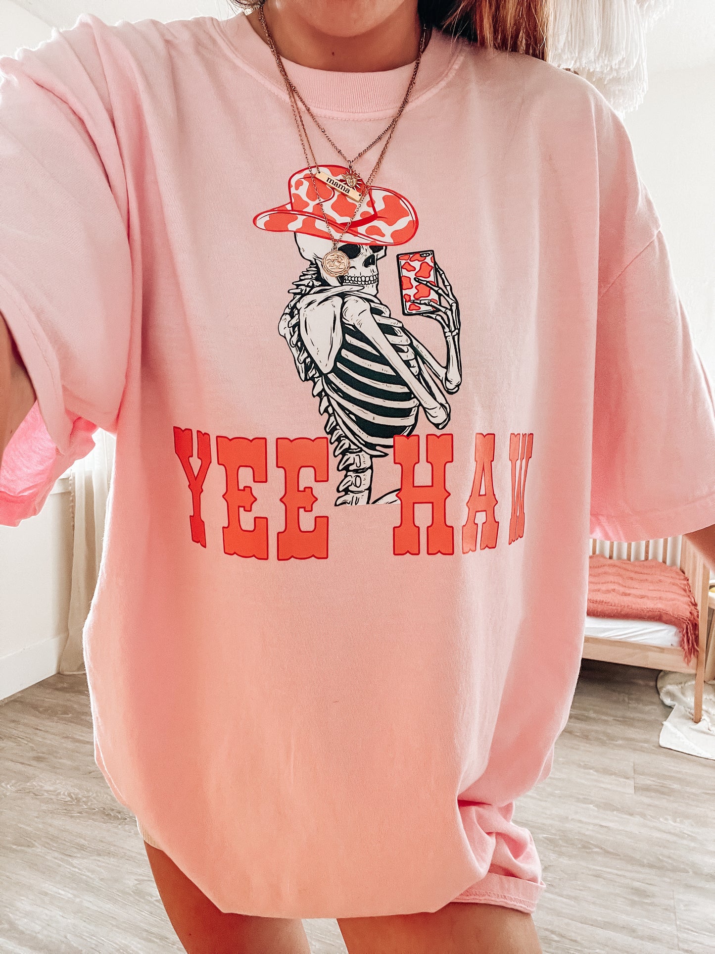 Yee Haw Selfie Skeleton - Tee (Pale Pink)