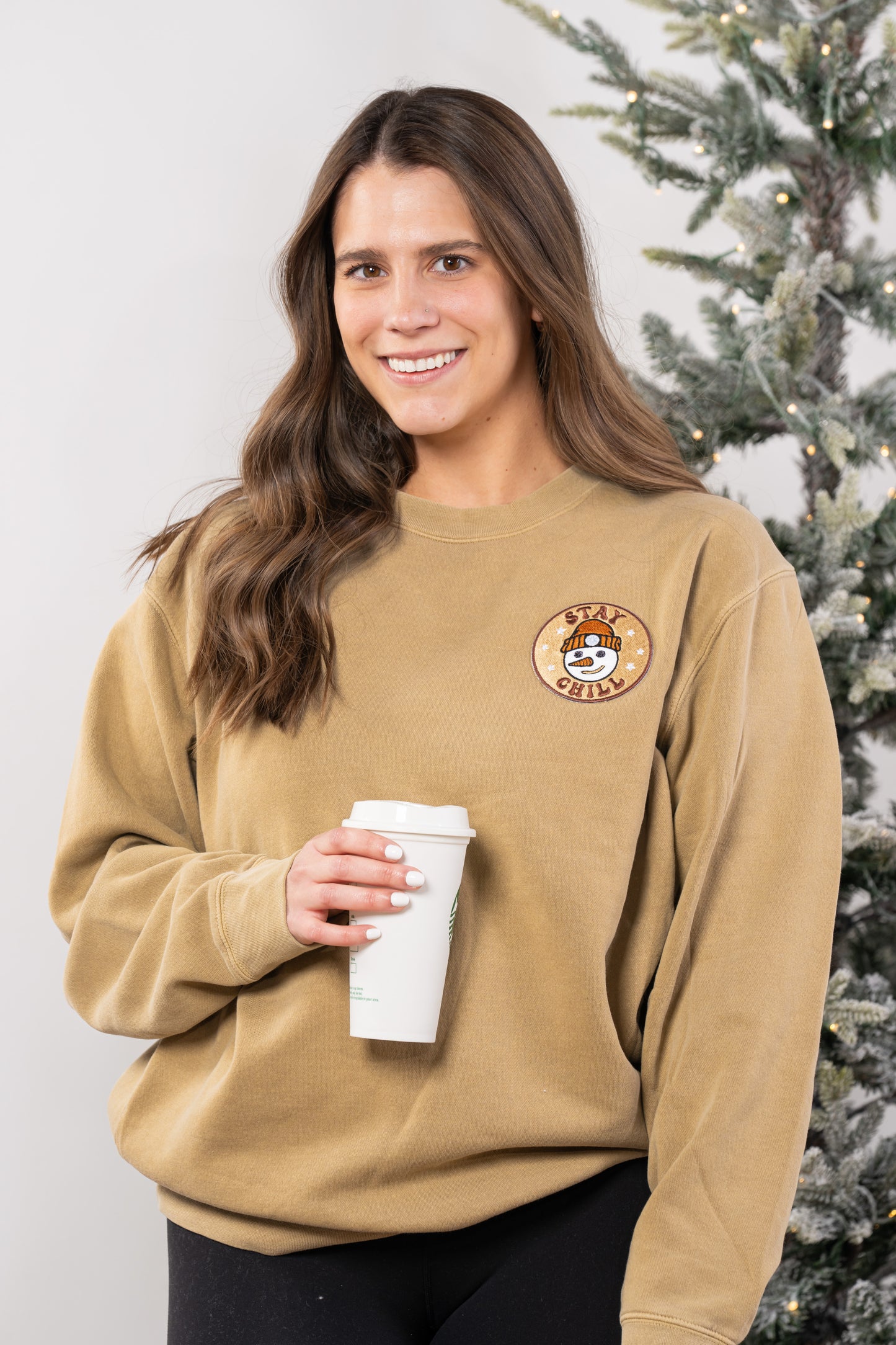 Stay Chill Snowman - Embroidered Sweatshirt (Tan)