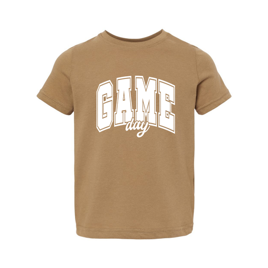 Game Day Varsity (White) - Kids Tee (Coyote Brown)