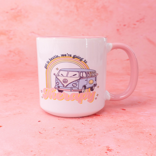 Get In Bestie, We're Going to Therapy - Coffee Mug (Pink Inside & Handle)