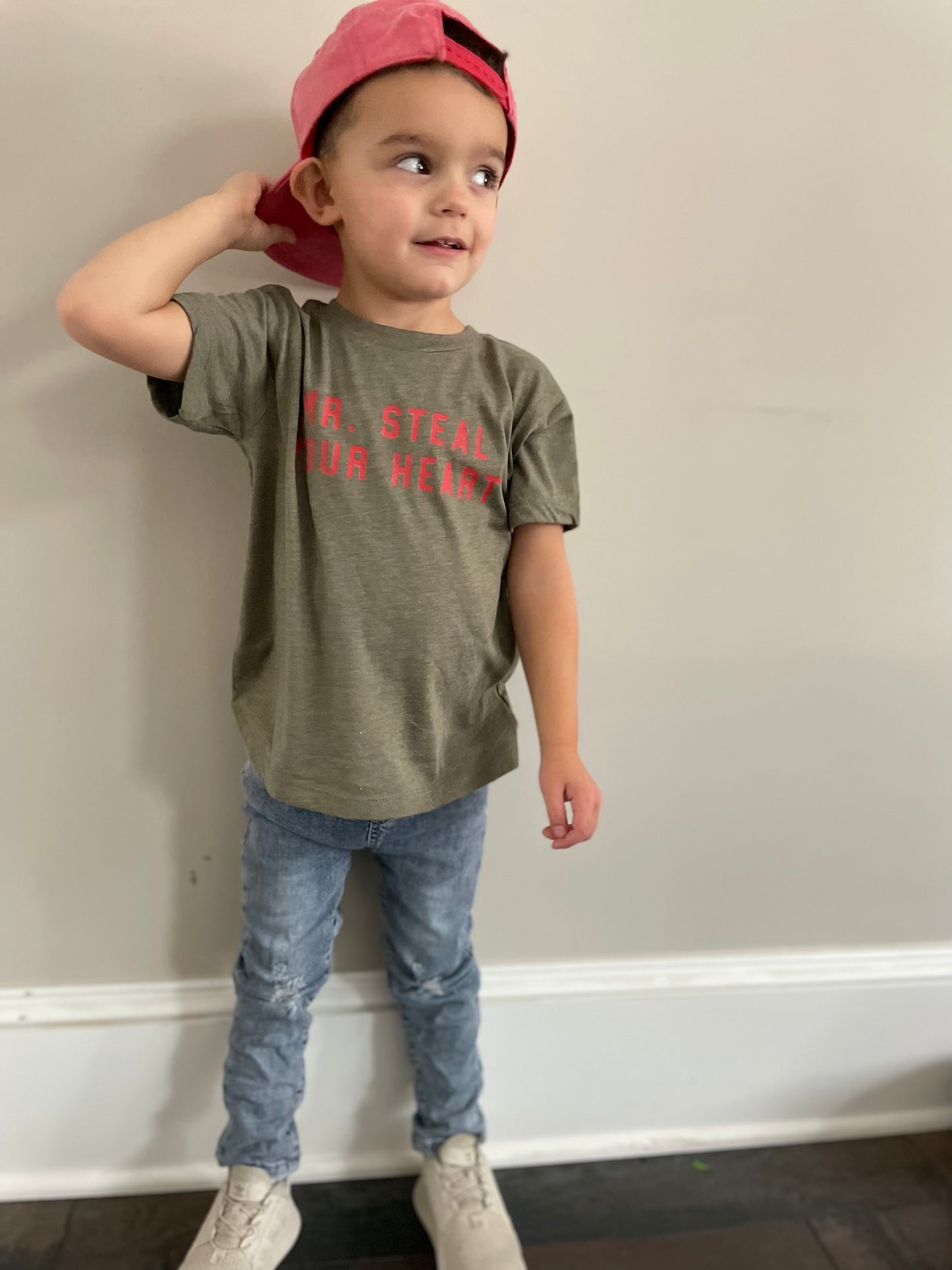 Mr. Steal Your Heart (Red) - Kids Tee (Olive)