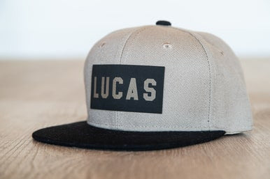 LUCAS (Leather Custom Name Patch) - Kids Trucker Hat (Khaki/Black)