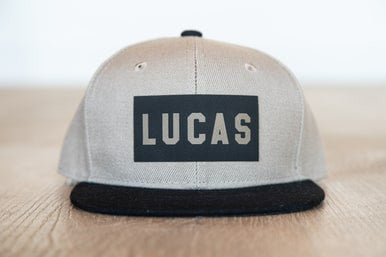 LUCAS (Leather Custom Name Patch) - Kids Trucker Hat (Khaki/Black)