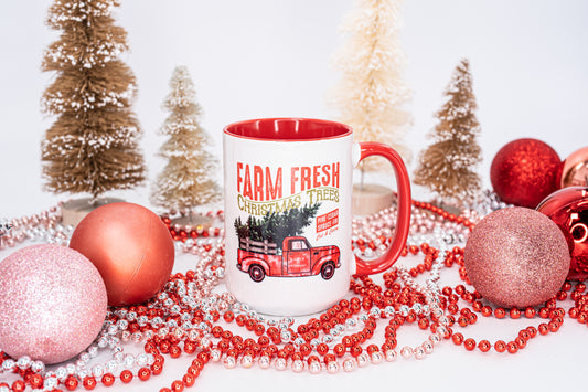 Vintage Farm Fresh Christmas Trees - Coffee Mug (Red Handle & Inside)