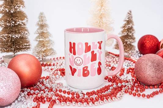Holly Jolly Vibes - Coffee Mug (Pink Handle & Inside)