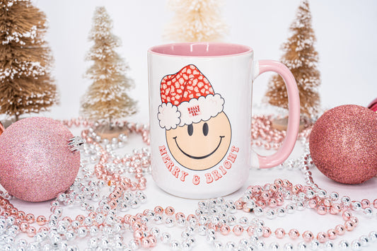 Merry & Bright Smiley Face - Coffee Mug (Pink Handle & Inside)