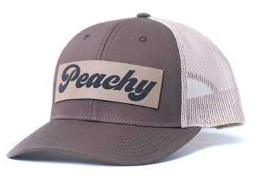 Peachy (Retro, Leather Patch) - Trucker Hat (Brown/Tan)