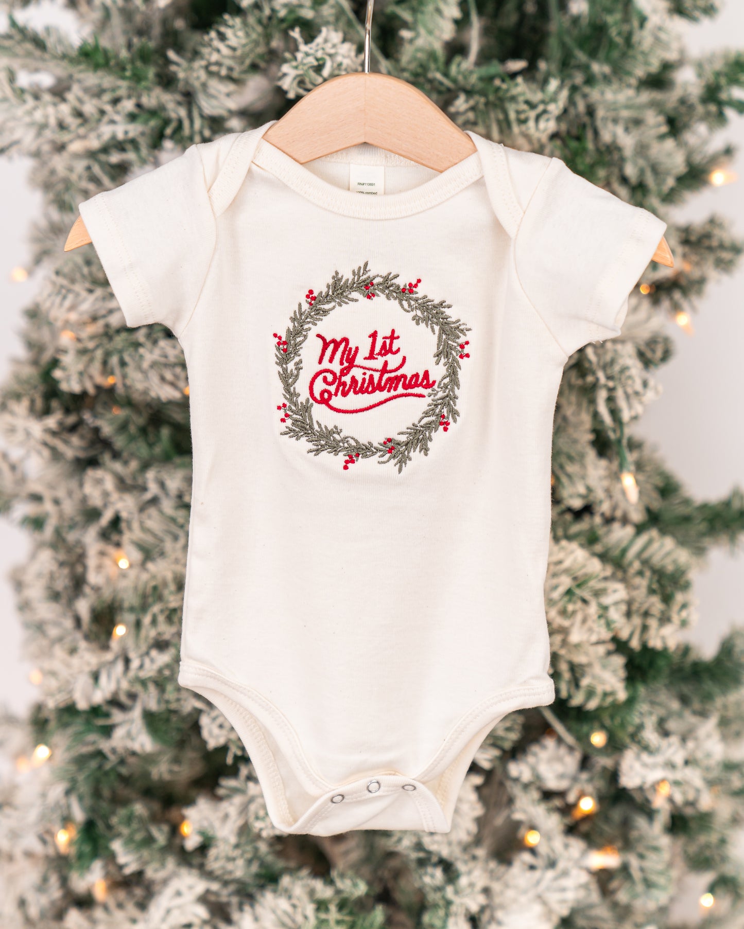 My First Christmas - Embroidered Bodysuit (Natural, Short Sleeve)