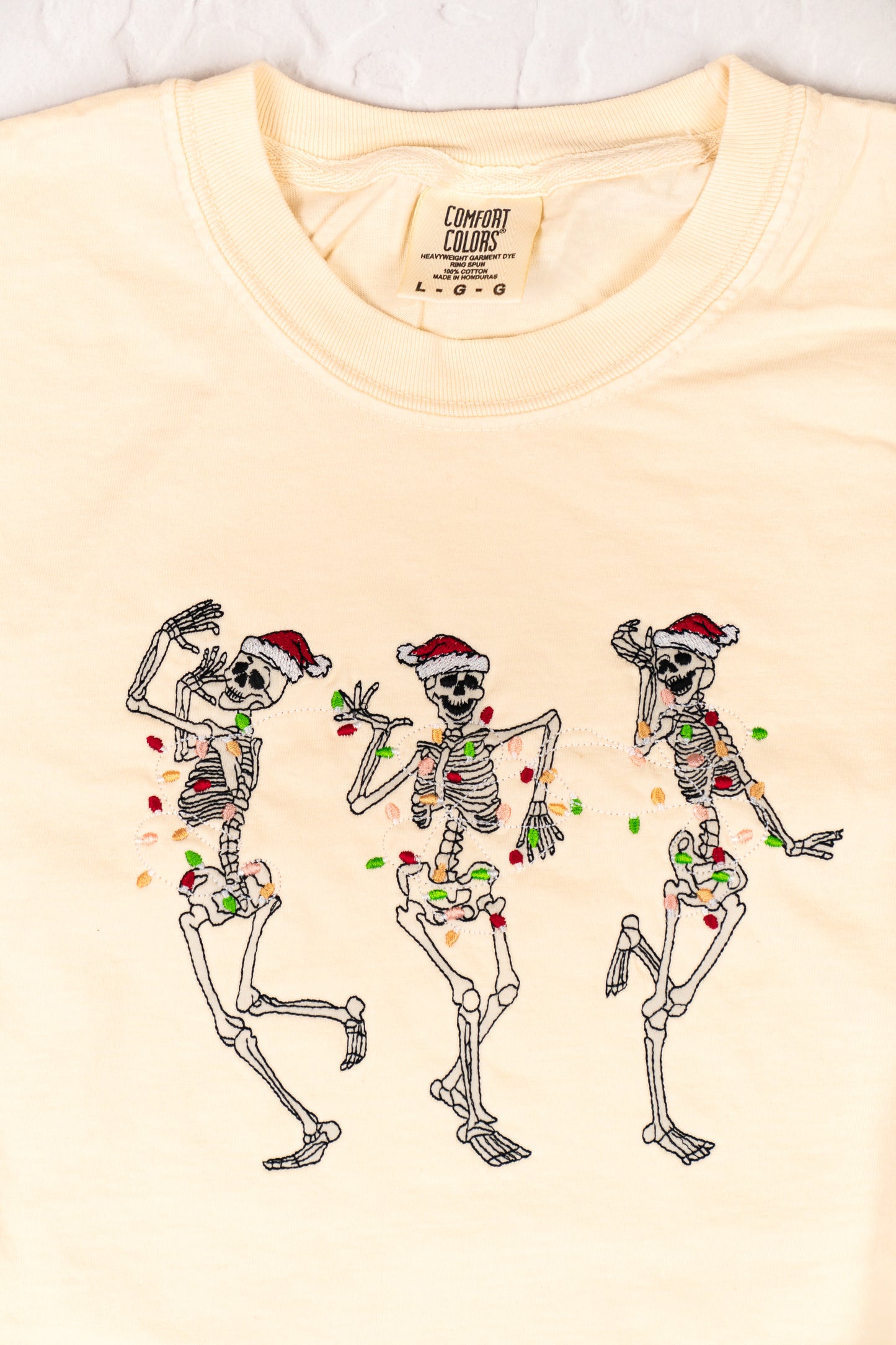 Christmas Dancing Skeleton - Embroidered Tee (Vintage Natural, Long Sleeve)