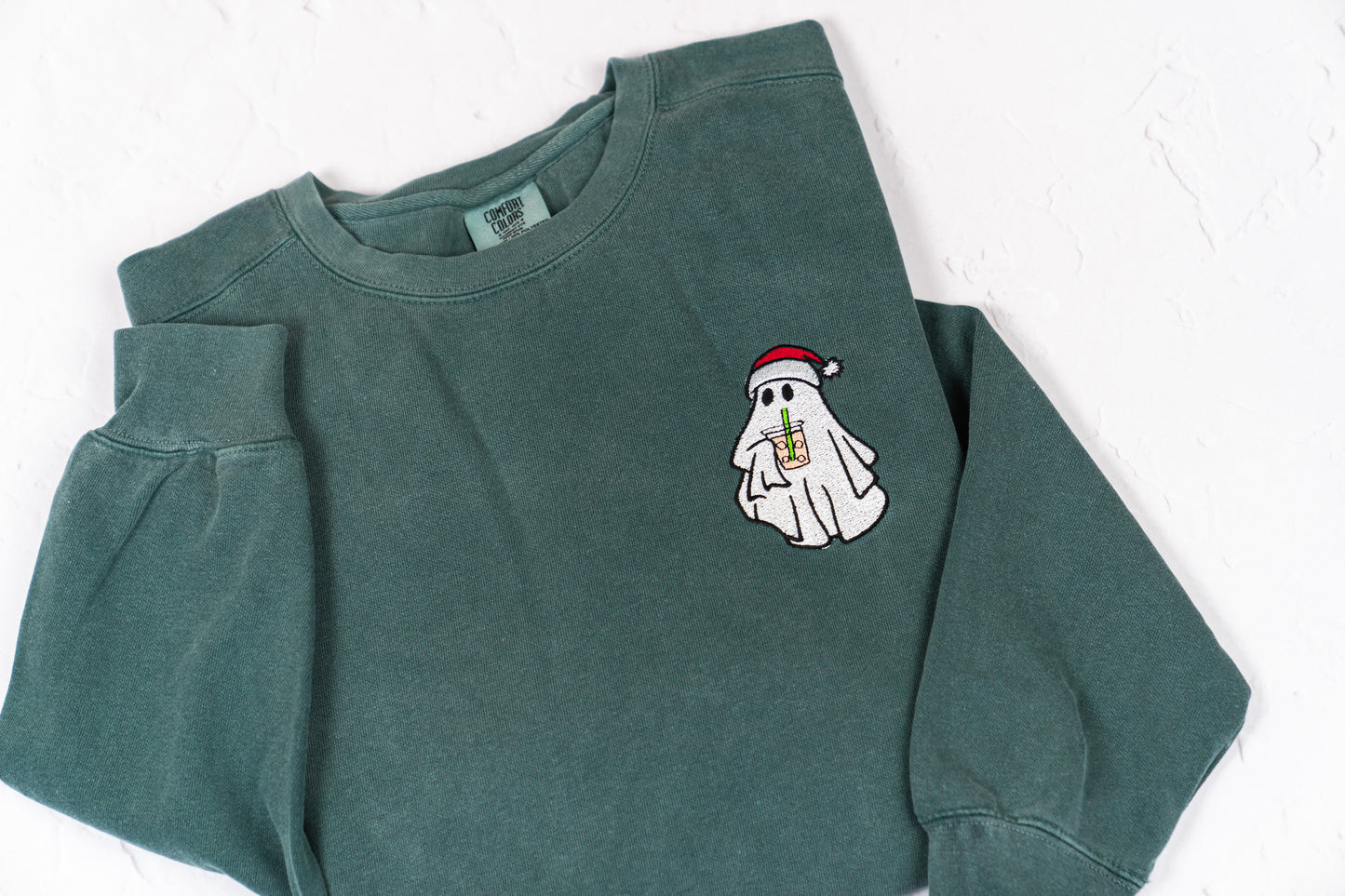 Christmas Iced Coffee Ghoul (Pocket) - Embroidered Sweatshirt (Blue Spruce)