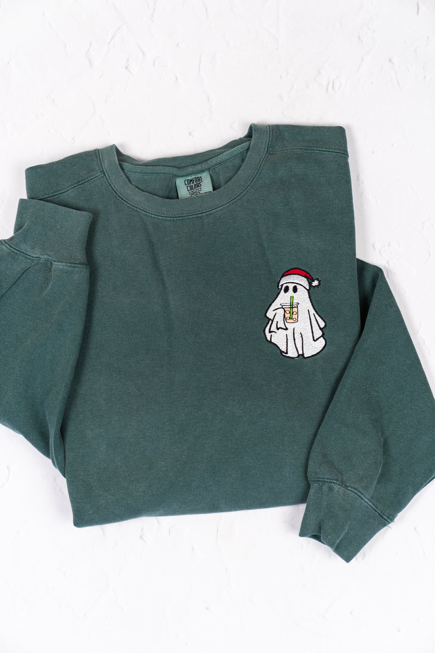 Christmas Iced Coffee Ghoul (Pocket) - Embroidered Sweatshirt (Blue Spruce)