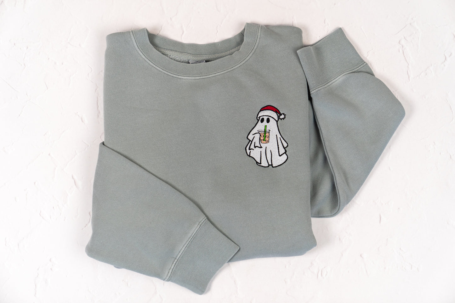 Christmas Iced Coffee Ghoul (Pocket) - Embroidered Sweatshirt (Sea Salt)