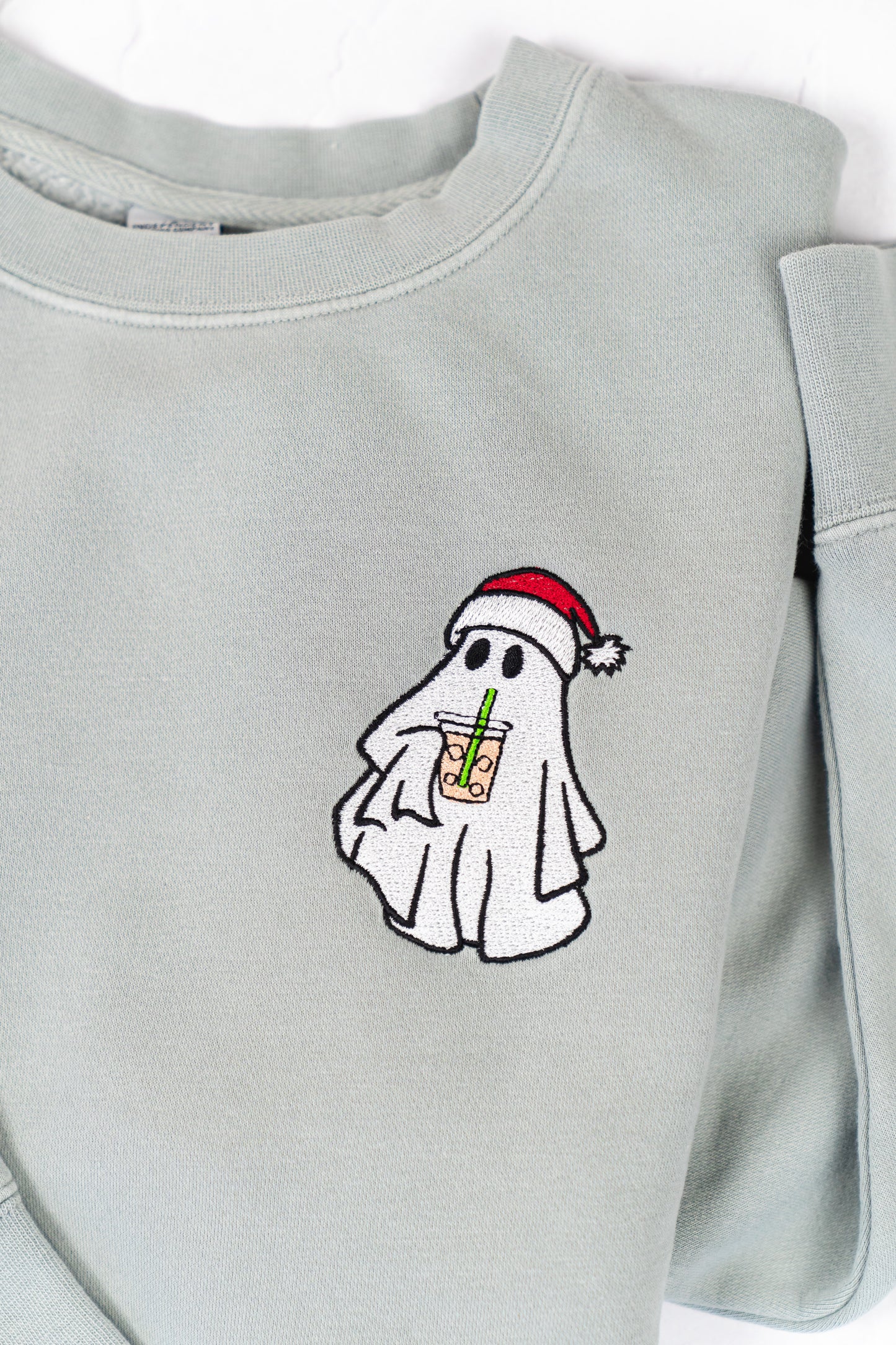 Christmas Iced Coffee Ghoul (Pocket) - Embroidered Sweatshirt (Sea Salt)