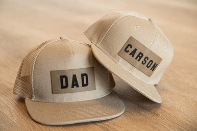 Asher's Dad (Leather Custom Name Patch) - Trucker Hat (Khaki)
