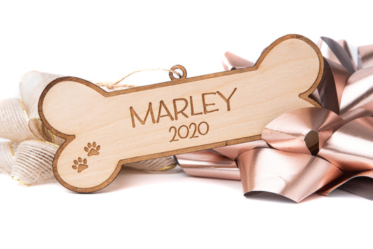 Marley Dog Bone (Custom Name, Pet Ornament) - Wooden Christmas Tree Ornament