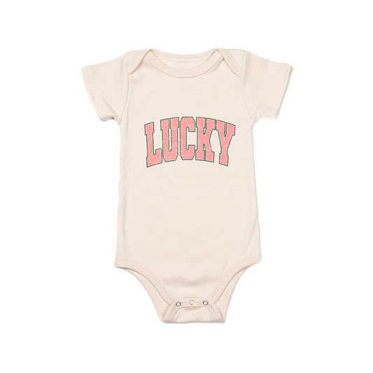 LUCKY (Varsity, Pink) - Bodysuit (Natural, Short Sleeve)